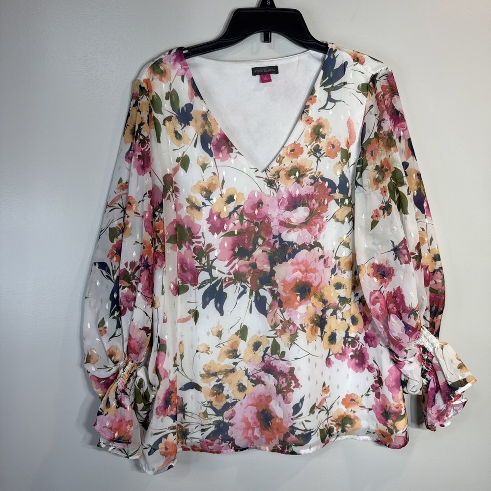 Vince Camuto Blouse Women's L Floral Semi-Sheer V-Neck 3/4‎ Sleeve Gold Shimmer